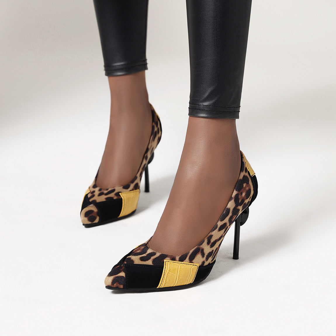 leopard print spliced stiletto heels