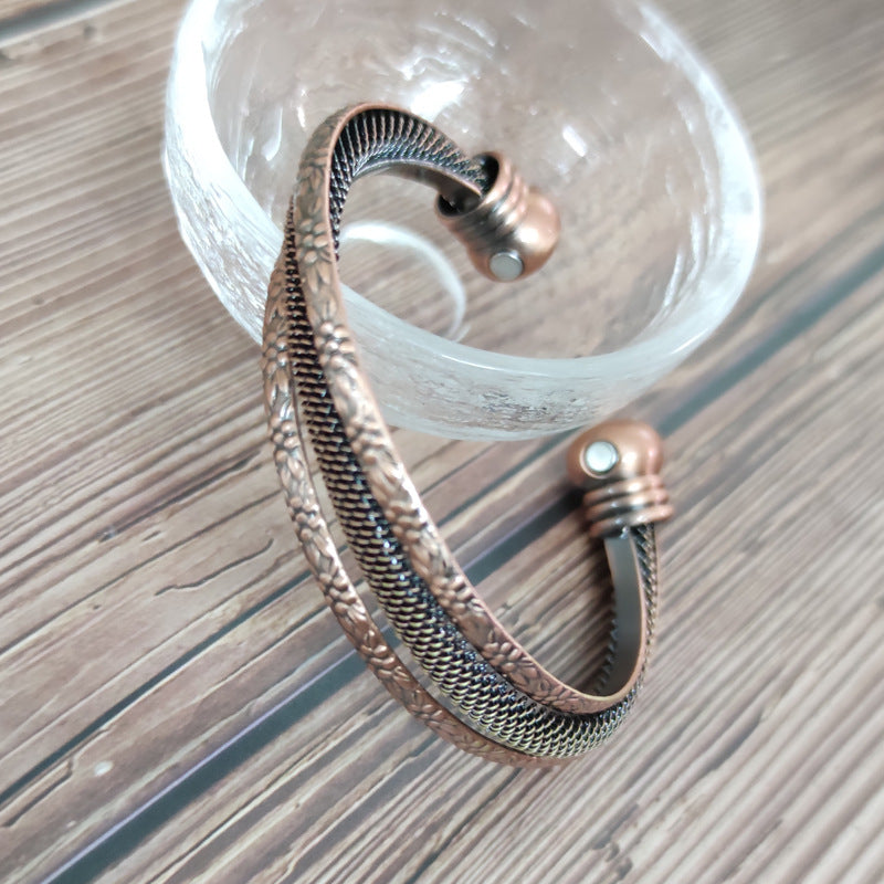 Red copper curved double round magnetic bracelet