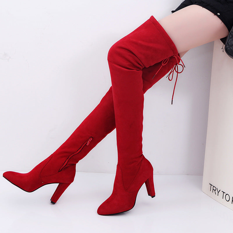 2021 Winter sizzling long boots over the knee boots pointed matte leather thick with high-heeled boots large size foreign trade boots women