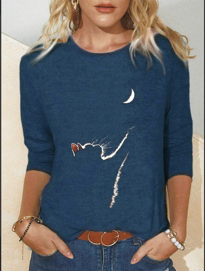 Knitted Long Sleeve Animal Print Round Neck Women's Casual T-shirt Women
