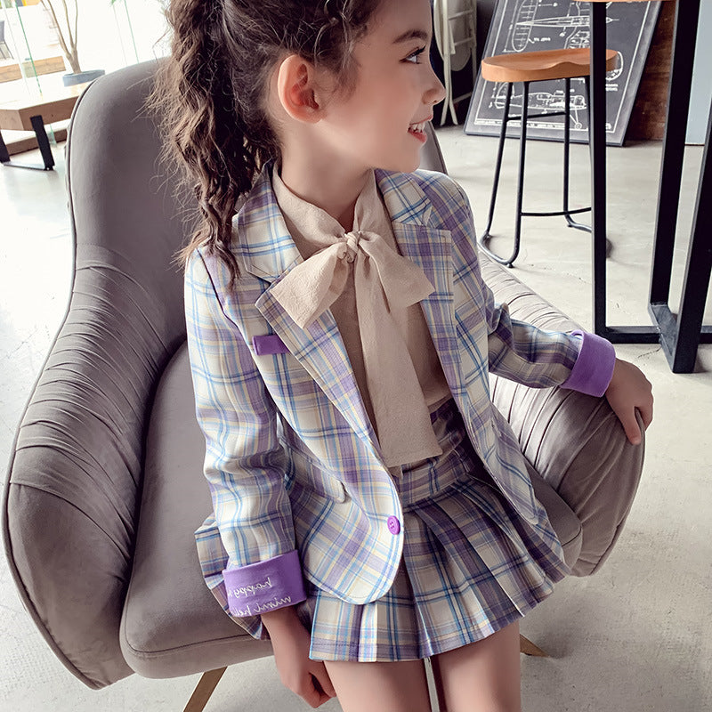 Girls red plaid suit two-piece suit