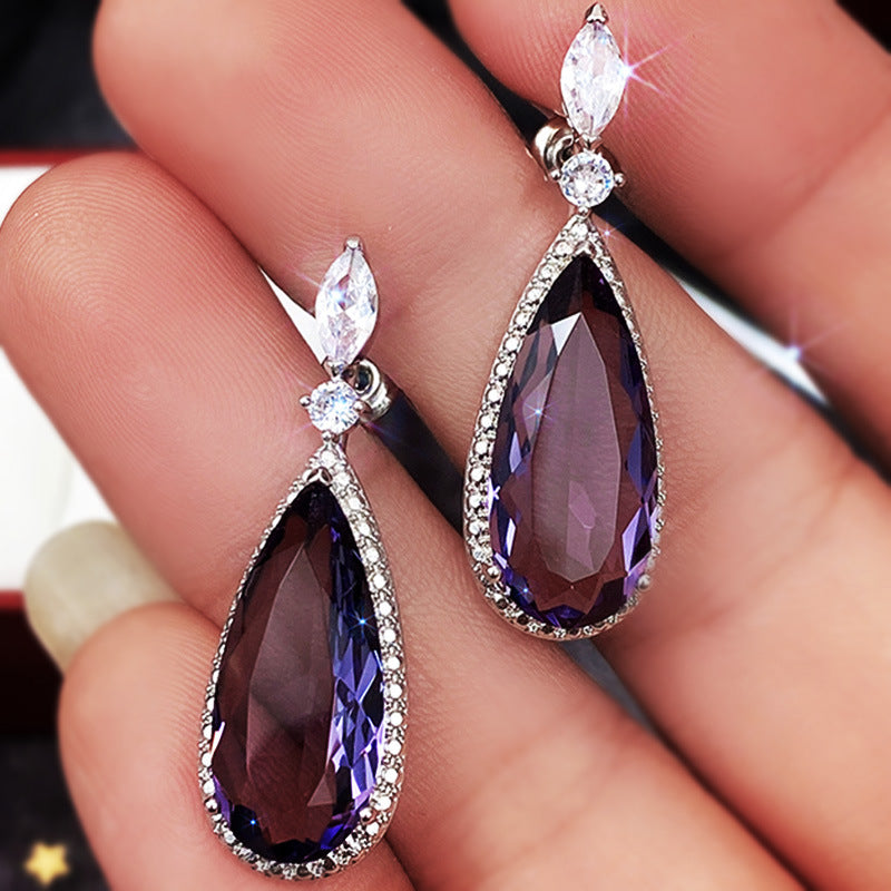 Micro-inlaid Purple Zircon Long Women Bridal Earrings