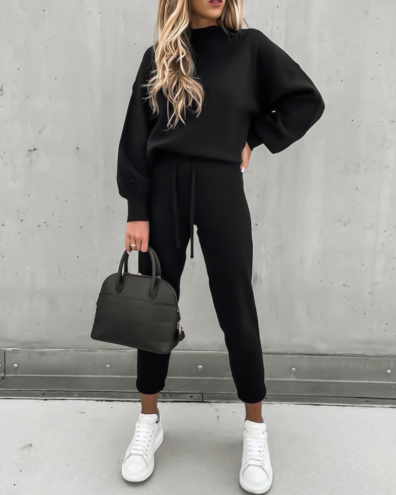 High Collar Casual Solid Color Trousers Two-Piece Sweater Suit