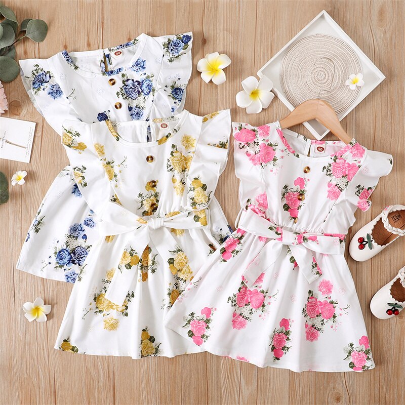 Small And Medium-sized Children's Small Flying Sleeves Ruffled Print Floral Belt Dress