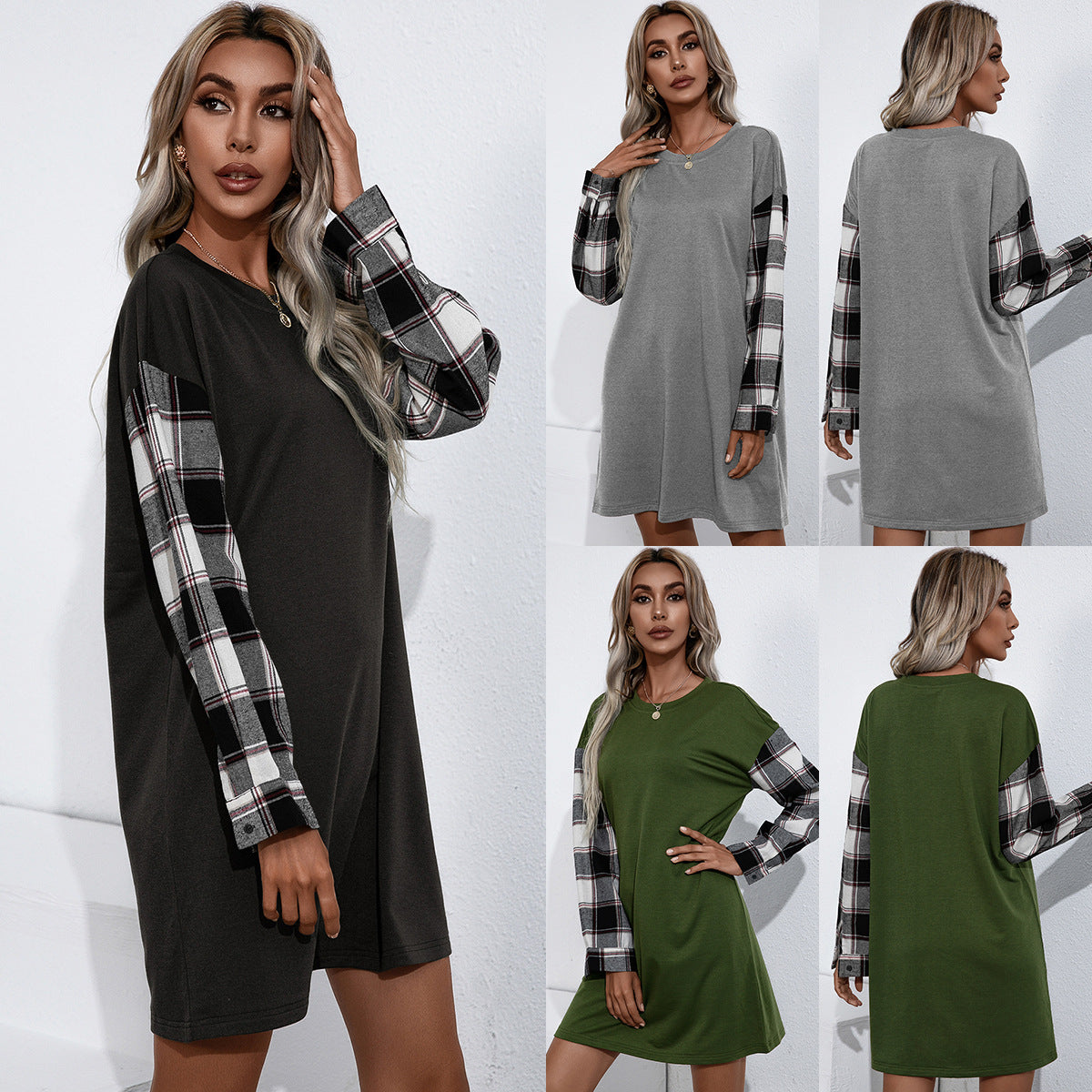 Plaid Stitching Casual Round Neck Long-sleeved T-dress Women