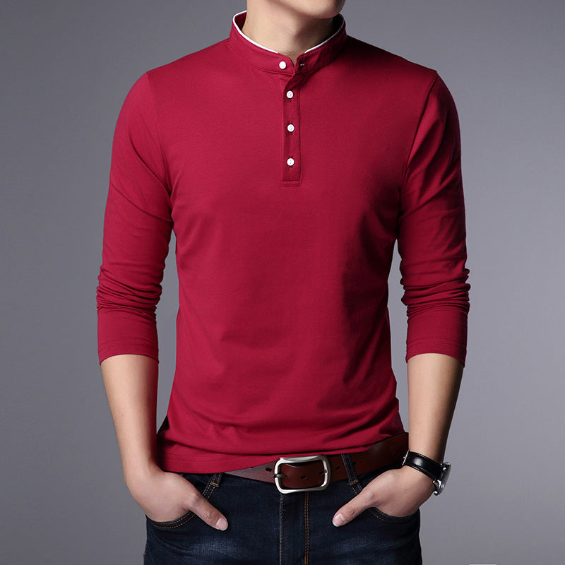 Men's Standing Collar Badge Cotton Pure Color Trendy T-shirt