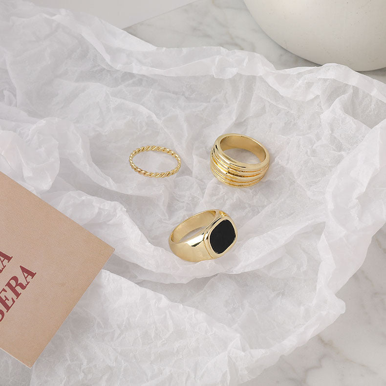 Three-piece Set Of European And American Exaggerated Ins French Fashion Gold Multi-layer Fine Thread Square Ring Stacked Wild Ring