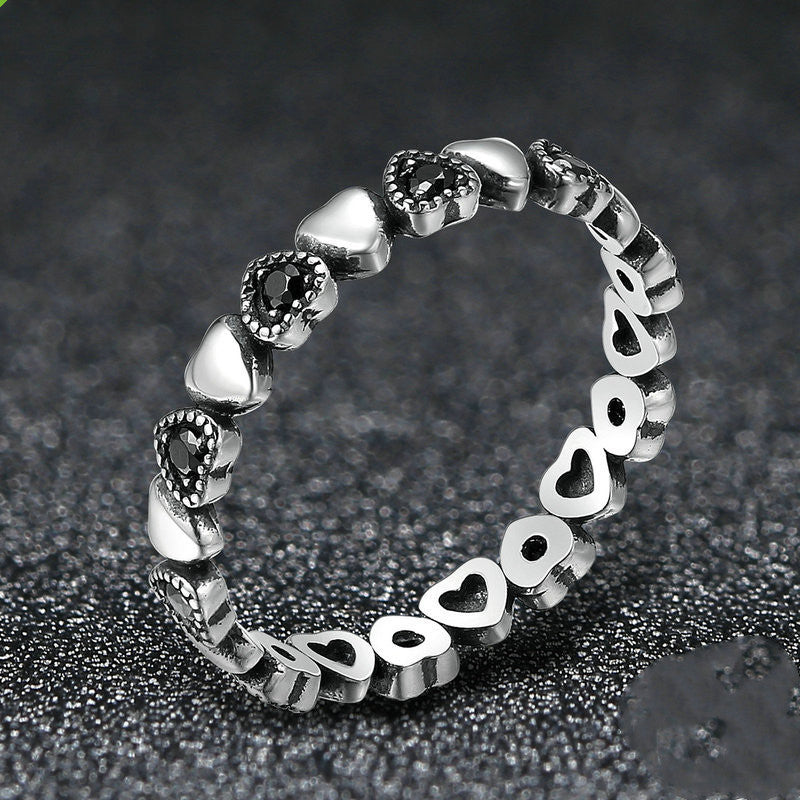 Sterling Silver tail Ring with shiny little hearts