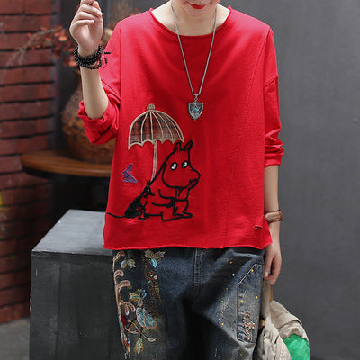 Cartoon Patch Embroidery Round Neck T-shirt