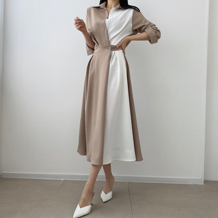 French Niche Lapel Design Sense Contrast Color Stitching One-button Dress Women