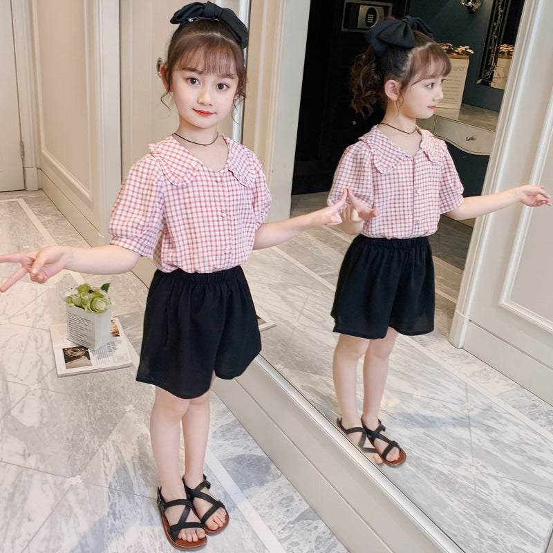 Girls' Suit Korean Children's Plaid Short-sleeved Shorts Girl Suit