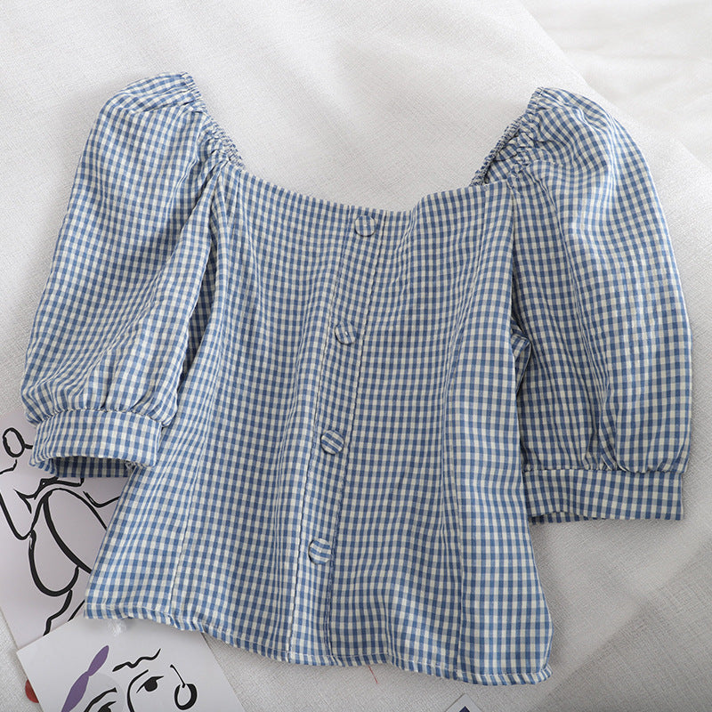 Women's Short-Sleeved Shirt With Puff Sleeves And Clavicle