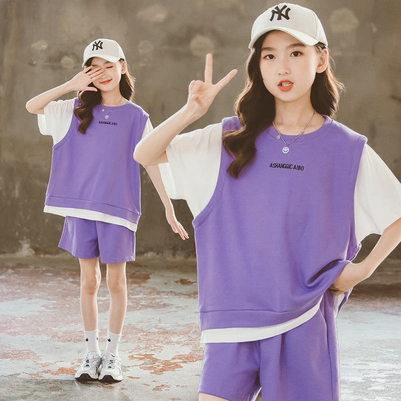 Girls' Summer Suit 2021 New Children's 12-Year-Old Children's Summer Short-Sleeved Shorts Sports Two-Piece Suit