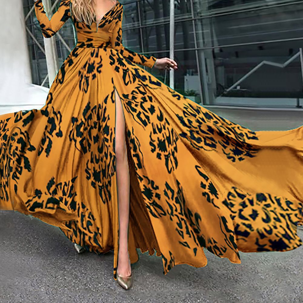 Deep V-neck Long-sleeved Printed Dress With Large Swing Dress New