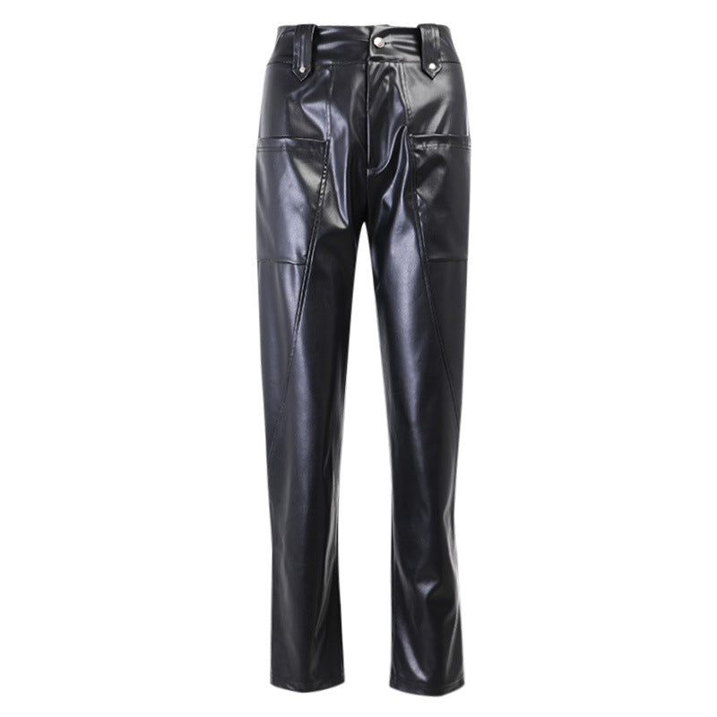 European and American fashion big pocket leather pants
