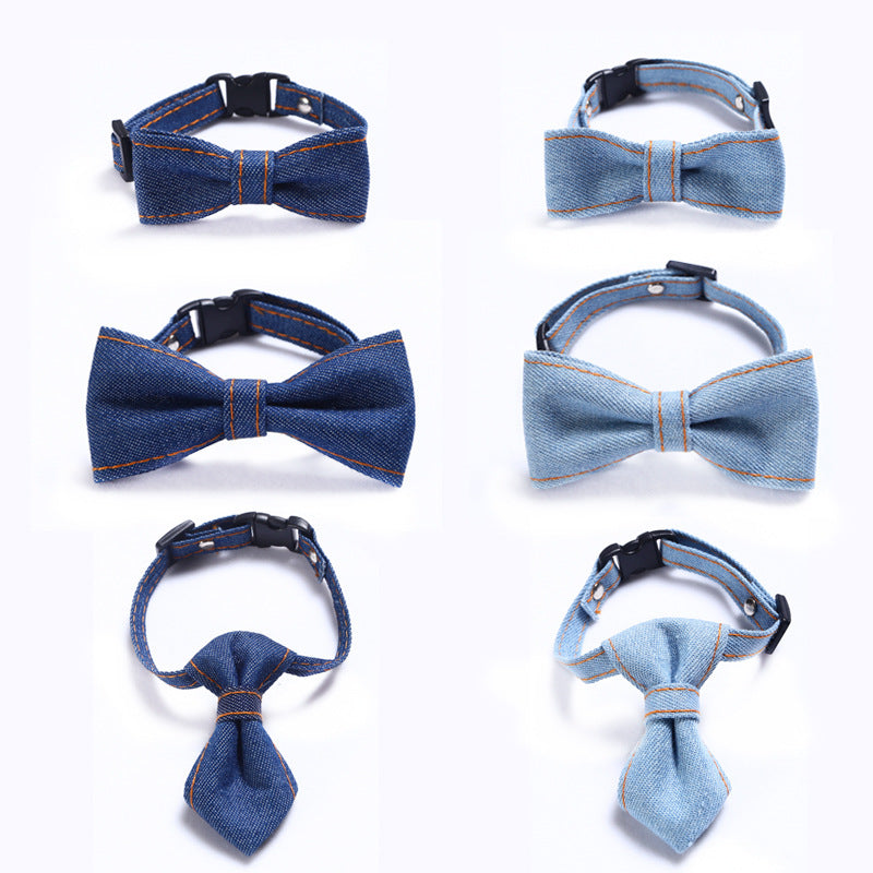 Pet denim bow tie collar for cats and dogs adjustable tie