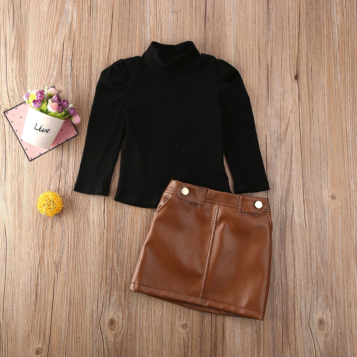 Two-piece girl's long-sleeved blouse with button pocket leather skirt