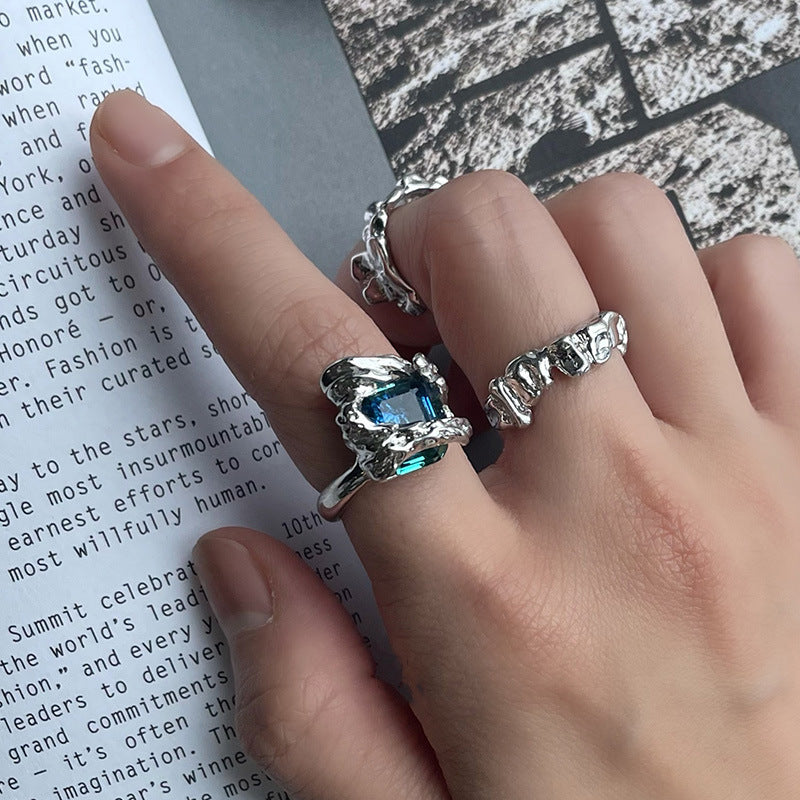 Blue Crystal Geometric Ring Female Niche Design Sense Ring Cold Wind Simple