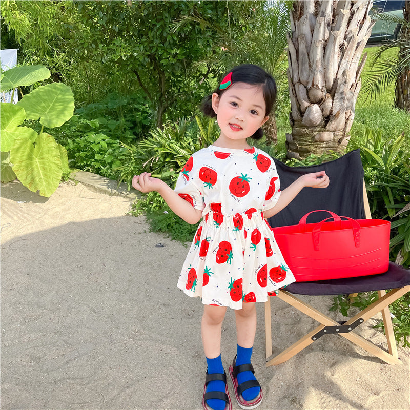 Girl Tomato Suit Western Style Children Round Neck Short Sleeve Culottes Two-piece Suit