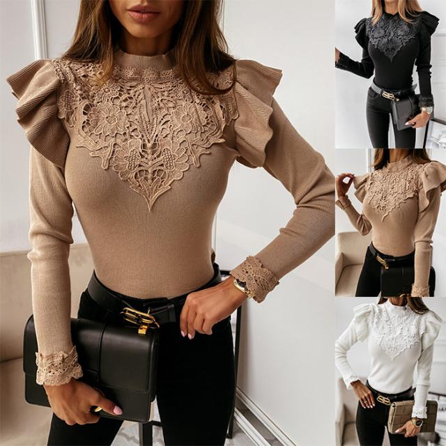 New Lace Long-Sleeved Solid Color Bottoming Shirt