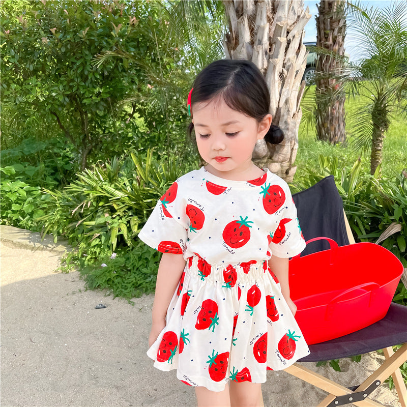 Girl Tomato Suit Western Style Children Round Neck Short Sleeve Culottes Two-piece Suit