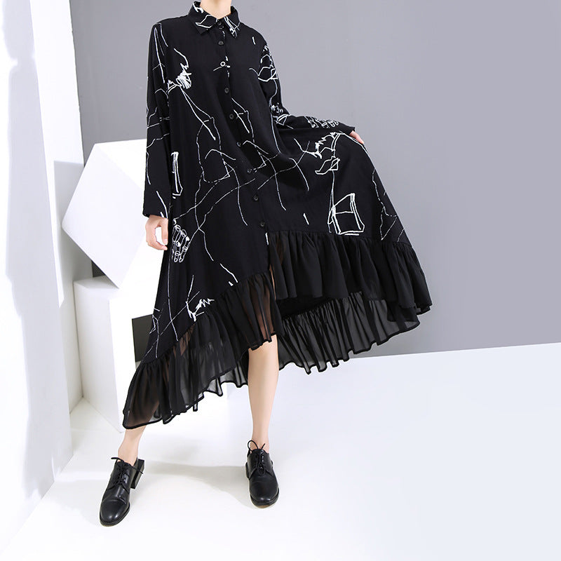 Women's Black Loose Chiffon Ruffle Dress