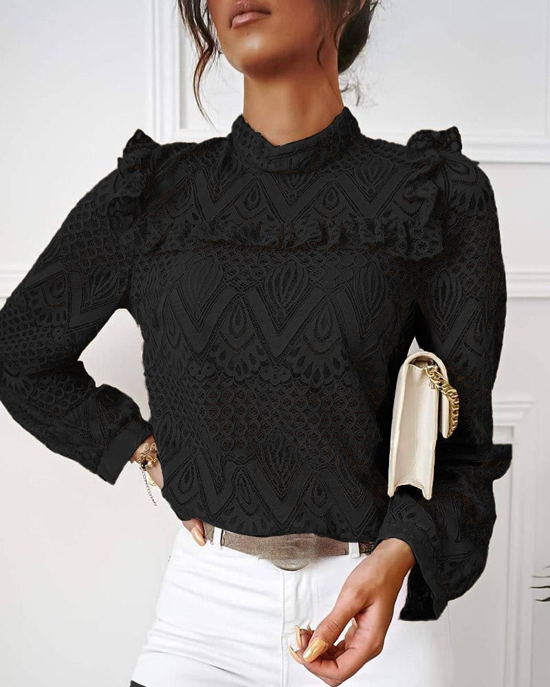 Lace pleated stitching long-sleeved versatile top