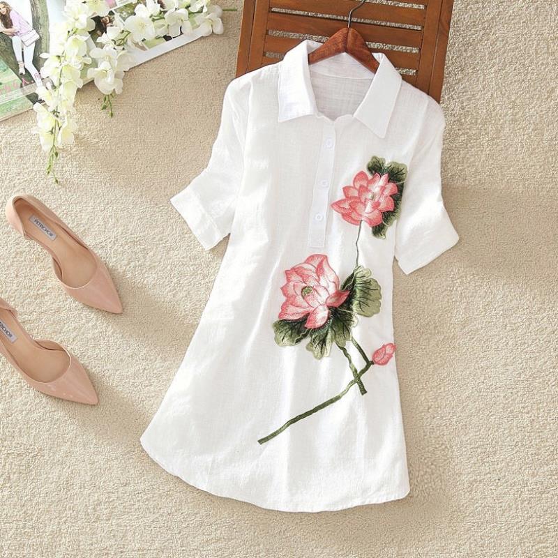 Cotton Loose Short Sleeve Round Neck Embroidered Shirt