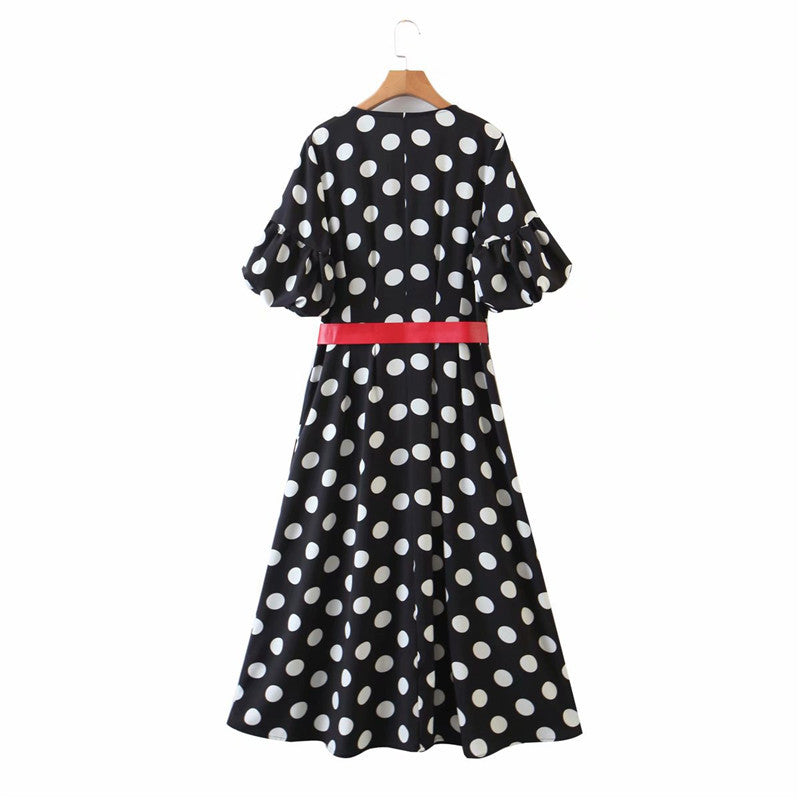 Women's Dress With Waistband And Polka Dots