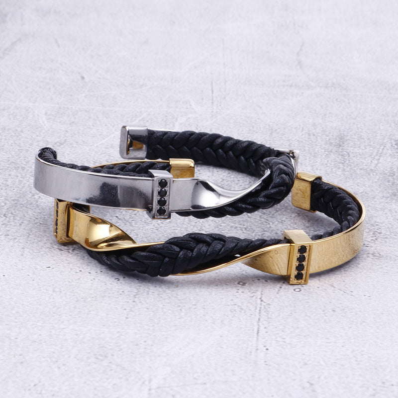 European And American Black Titanium Steel Men's DiamondLeather Bracelet
