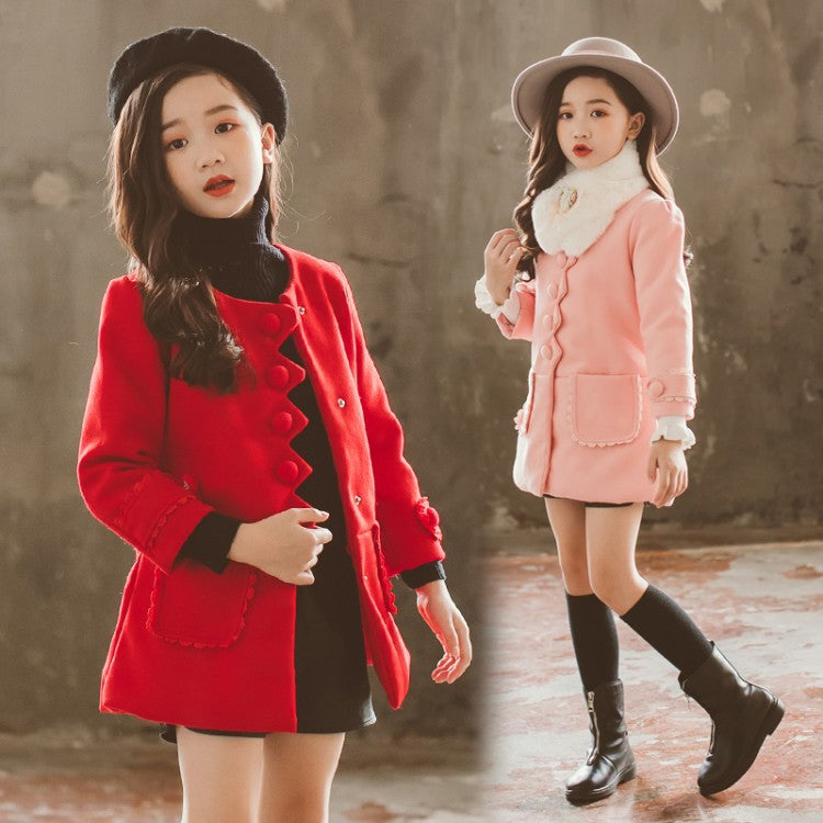 Girls Mid-Length Coat Autumn And Winter Big Children's Coat Fur Collar Coat