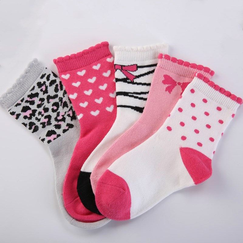 5 Pairs Of Children Four Seasons Tube Socks Pink Gray Leopard Print