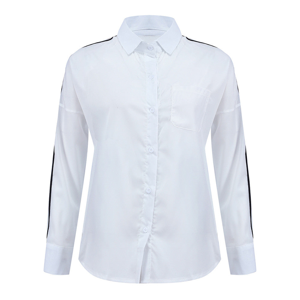 Blouse Women Casual White Stripe Long Sleeve Botton Shirt