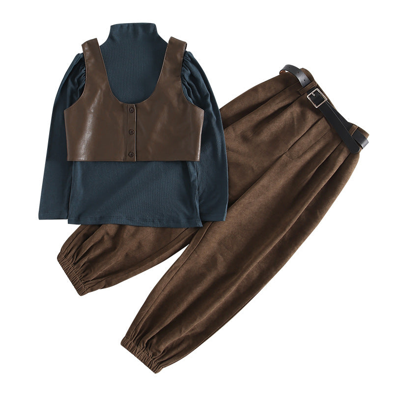 Girls' Personalized Puff Sleeve Leather Vest Harem Pants Three-piece Set For Children