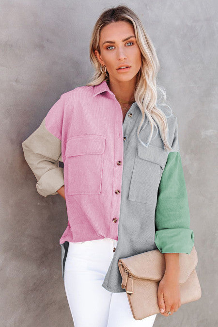Color Block Buttoned Double Pocket Casual Shirt Jacket