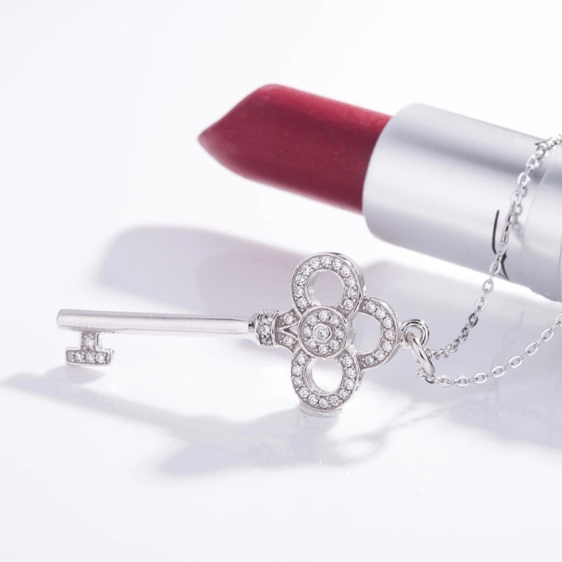 Sterling Silver Light Luxury Heart Crown Key Necklace Simple
