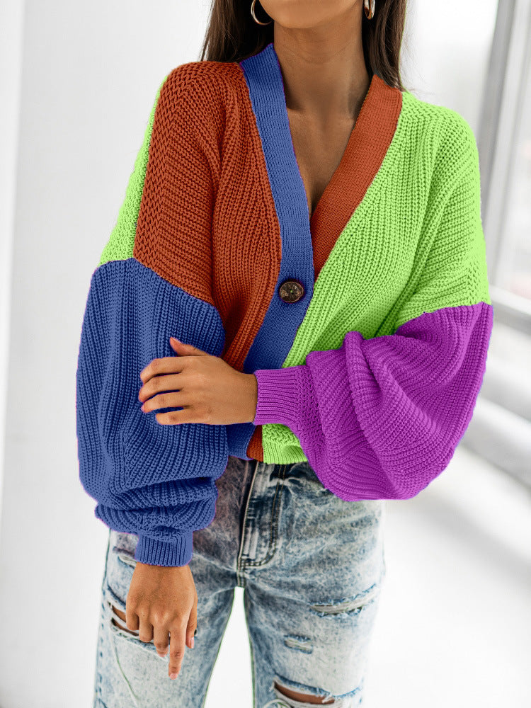 Casual Color Matching Bright Women's Woolen Long-sleeved Cardigan