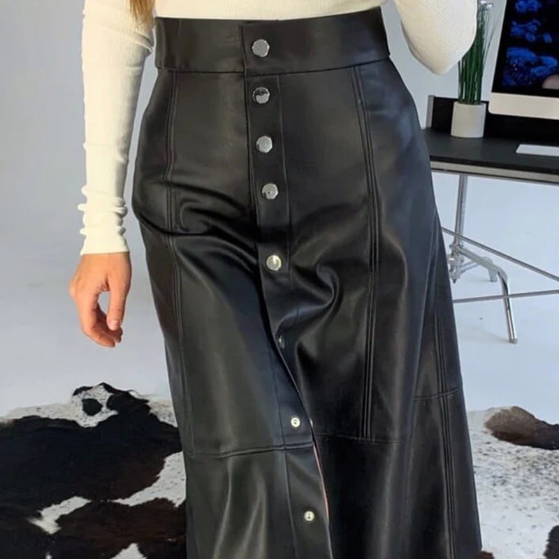 High Waist Faux Leather Button Calf Fashion Ladies Skirt
