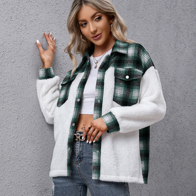 Long-sleeved Plaid Stitching Loose Casual Shirt
