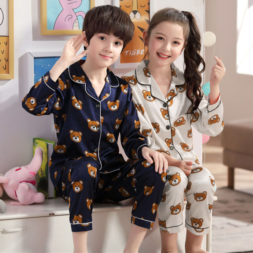two kids wearing Long sleeve ice silk bear pajamas