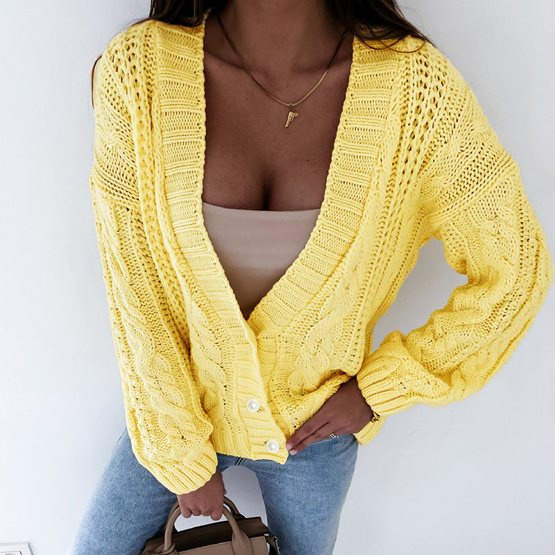 Thick Thread Twisted Rope Twist Button Sweater Cardigan
