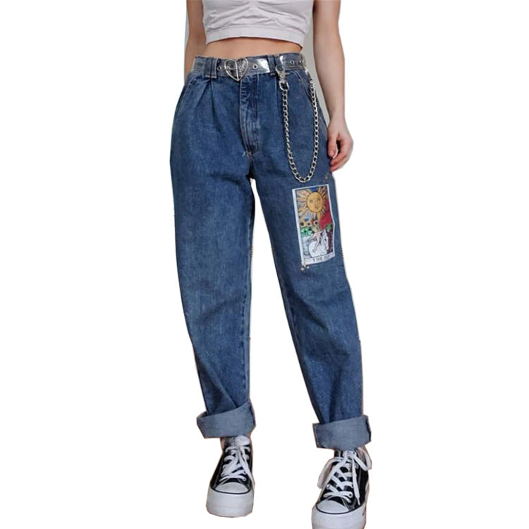 Women's loose printed blue trousers jeans