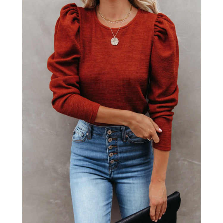 Four-color Puff Sleeve Long Sleeve Round Neck Solid Color Knitted T-shirt Top