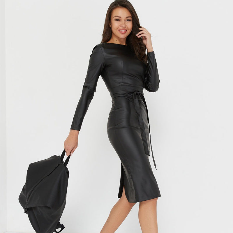 Long-sleeved PU Leather Slim Temperament Dress Pure Color Simple And Versatile