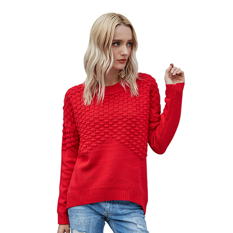 Round neck pullover ladies long-sleeved hollow sweater