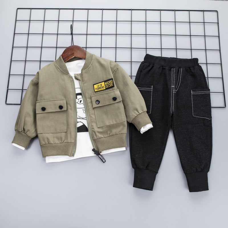 Children's Casual Long-sleeved V-neck Zipper Jacket Pullover Jeans Three-piece Suit