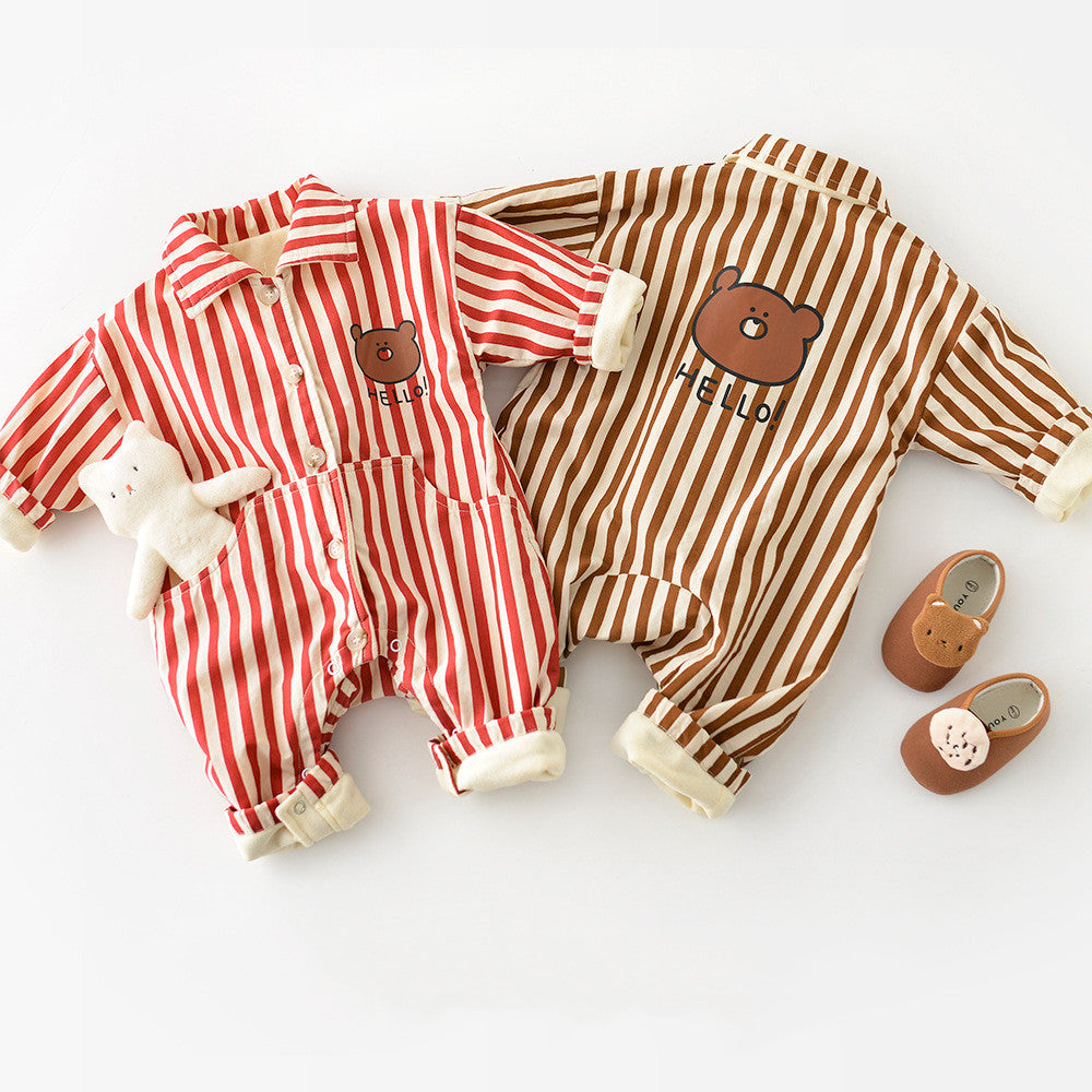 Bear Striped Lapel Thickened Long Crawl Jumpsuit