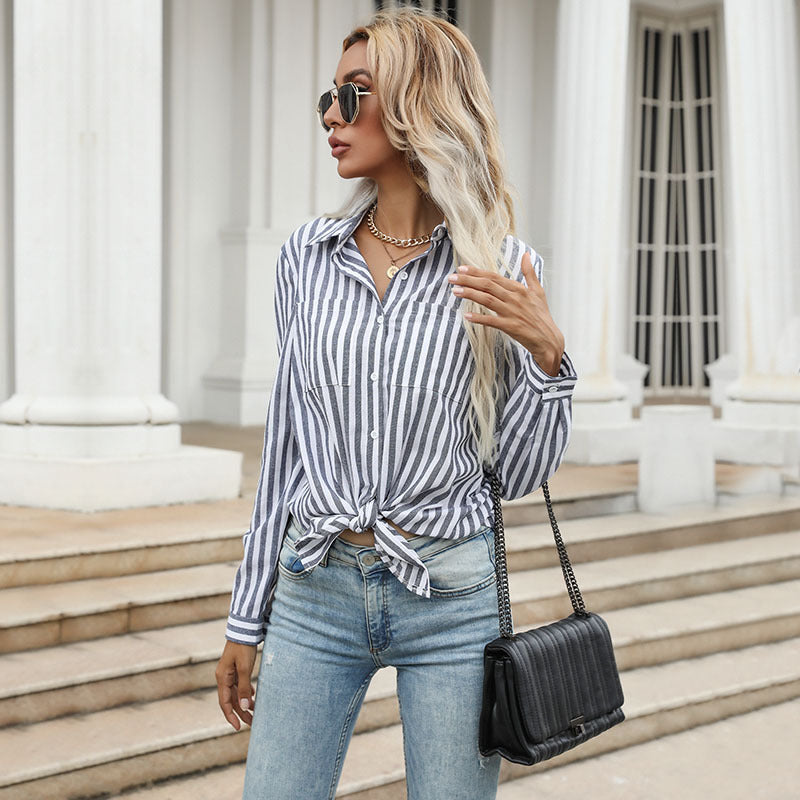 Single-Breasted Striped Lapel Long-Sleeved Bottomed Shirt