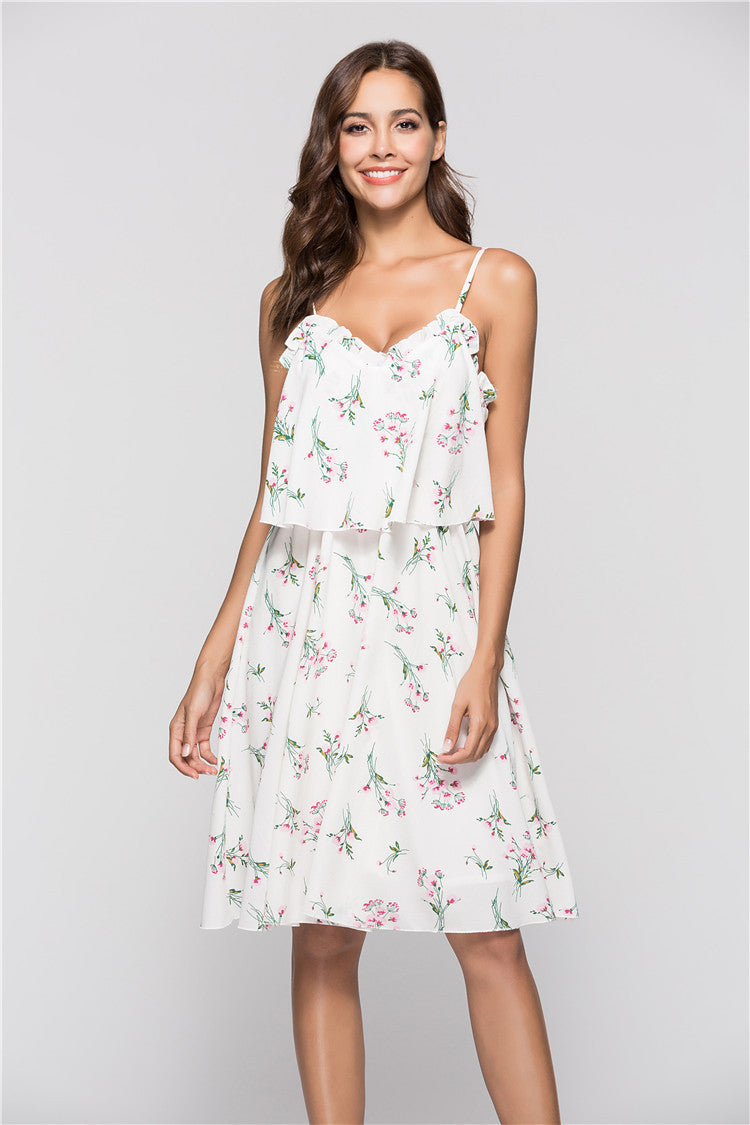V-Neck Loose Back Loose Dress With Printed Suspenders