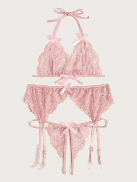 Lace Butterfly Bra Panty Garter Belt Bikini Three-piece Set